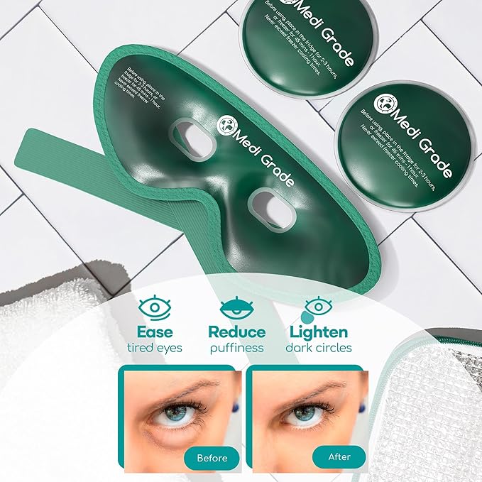 Medi Grade Cooling Eye Mask for Puffy Eyes, Allergies, Sinuses - Reusable Gel Eye Mask and Cooling Pads with Thermo-Bag for Dark Circles, Hangovers and Migraine Relief - Cold Eyemask