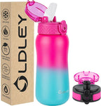 Oldley Insulated Water Bottle 12oz Kids Water Bottles with Straw, Stainless Steel Water Bottle with 2 Lids,Double Wall Vacuum Bottle, Leak-Proof Sports Bottles for School Travel, Rose Red-Green