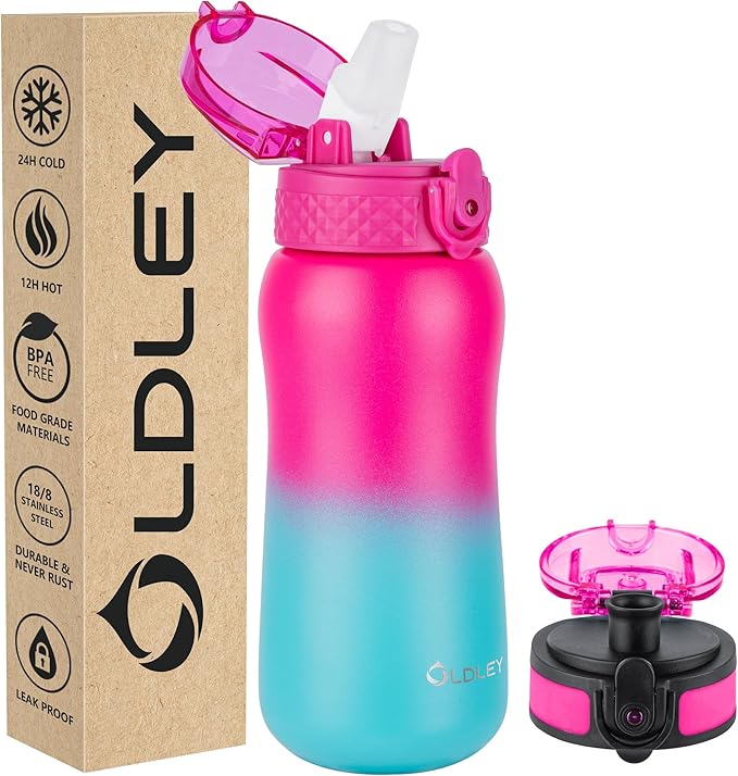 Oldley Insulated Water Bottle 12oz Kids Water Bottles with Straw, Stainless Steel Water Bottle with 2 Lids,Double Wall Vacuum Bottle, Leak-Proof Sports Bottles for School Travel, Rose Red-Green