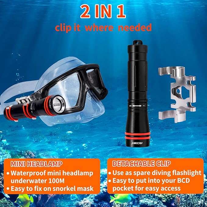ARCHON D2A Small Diving Flashlight, Dive Headlamp Waterproof Flashlight Black Backup Light with Stainless Steel 316 Face Mask Clip for Underwater Lighting