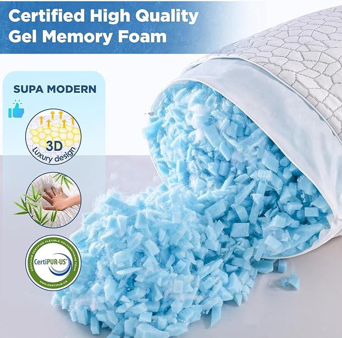 SUPA MODERN Cooling Bed Pillows for Sleeping 1 Pack Shredded Memory Foam Pillows Adjustable Cool Pillow for Side Back Stomach Sleepers Luxury Gel Pillows Standard Size with Washable Removable Cover