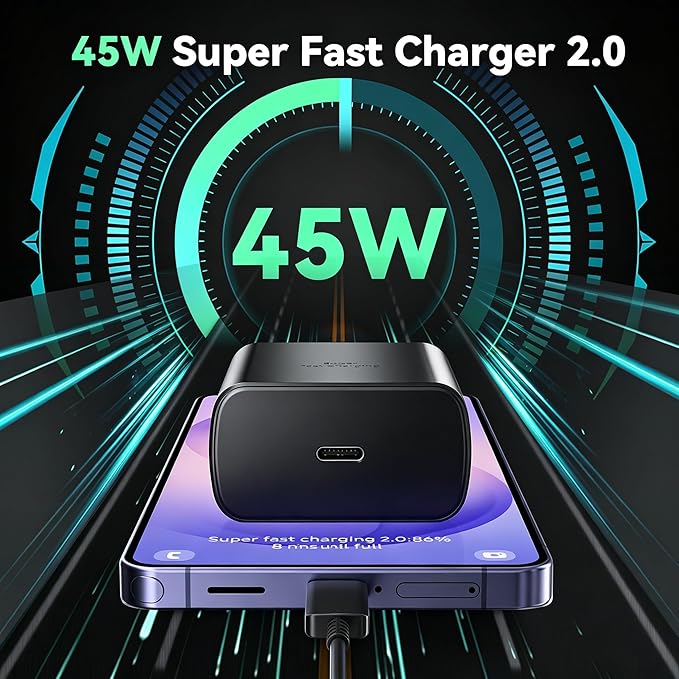 45W Super Fast Charger USB Type C Charger Cord 6.6FT with Android Phone Charger Fast Charging Block for Samsung Galaxy S26/S26 Ultra/S26+/S25/S25 Ultra/S25+/S24/S23/S22/S20/S21/Note 20/Note 10, Black