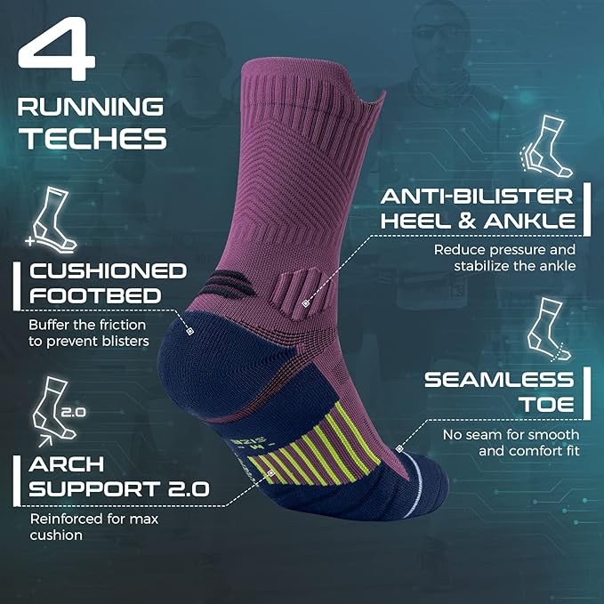 Compression Running Socks 3 Pairs, Cushion Crew Socks, Anti-Blister Moisture Wicking Athletic Hiking Basketball Socks