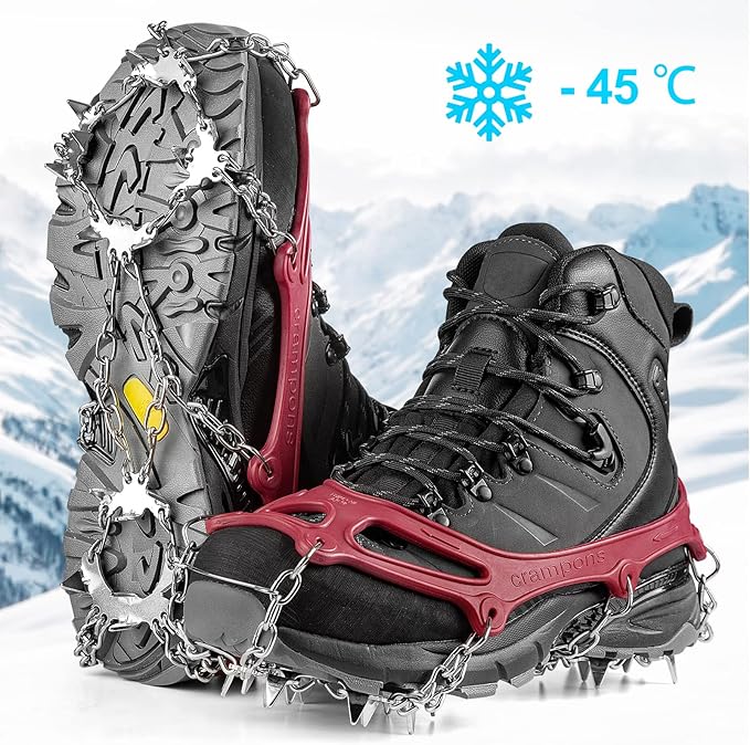 Crampons Ice Cleats Traction Snow Grips for Boots Shoes Women Men Anti Slip 19 Stainless Steel Spikes Safe Protect for Hiking Fishing Walking Climbing Mountaineering