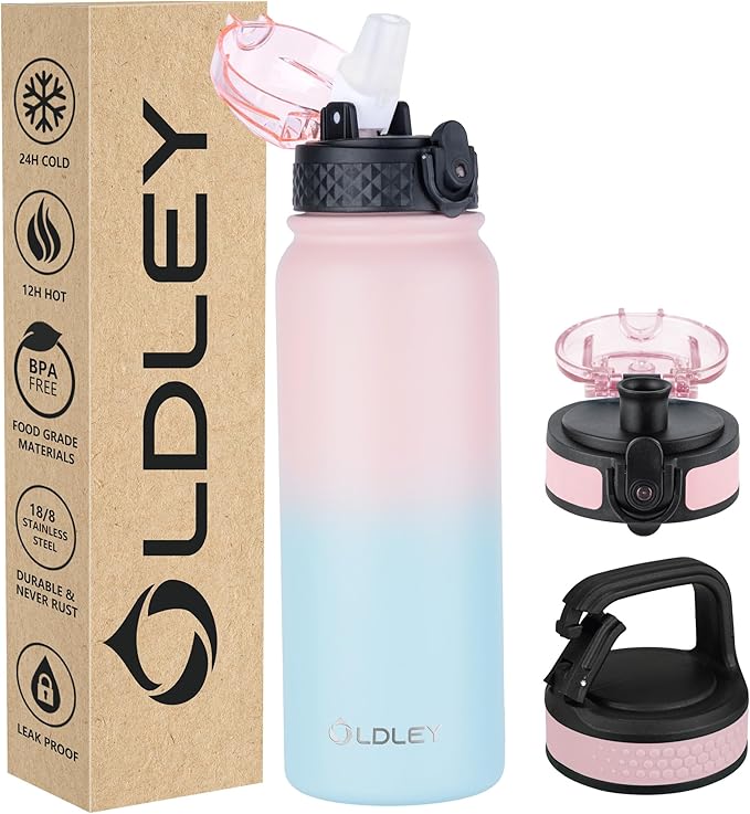 Oldley Insulated Water Bottle 20oz Water Bottles with Straw, Stainless Steel Water Bottle with 3 Lids, Double Wall Vacuum Bottles for Adult Kids, Sports Bottles for School Travel, Light Pink-Blue