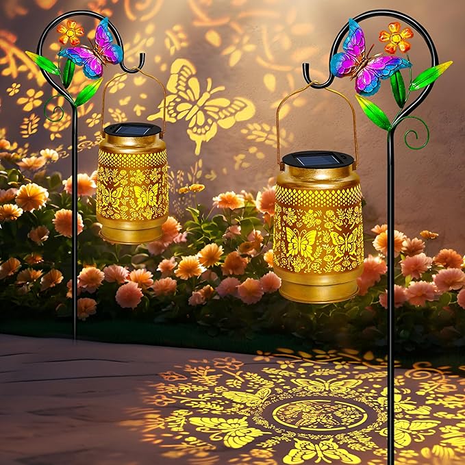 2 Pack Butterfly Solar Lanterns Outdoor Waterproof Hanging,Metal Solar Garden Lanterns for Yard Patio Pathway Lawn Front Porch,Birthday Gifts for Mom Woman Grandma