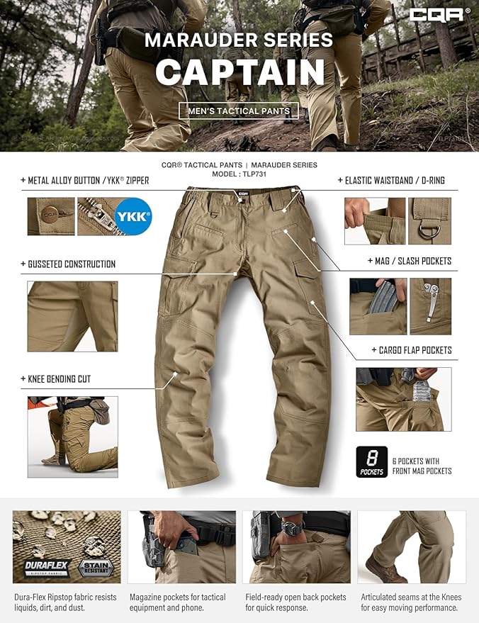 CQR Men's Flex Ripstop Tactical Pants, Water Resistant Stretch Cargo Pants, Lightweight EDC Hiking Work Pants