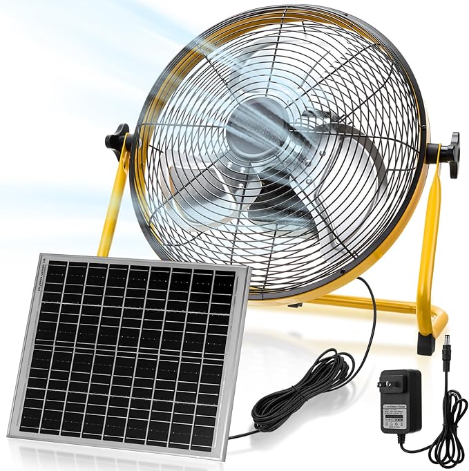 14 Inch Solar Panel Powered Fan, 2 in 1 Solar Panel or AC Charger Powered Fan 12W 9V Portable for Chicken Coop Greenhouse Household Exhaust Camping Travel Outdoor(Yellow)