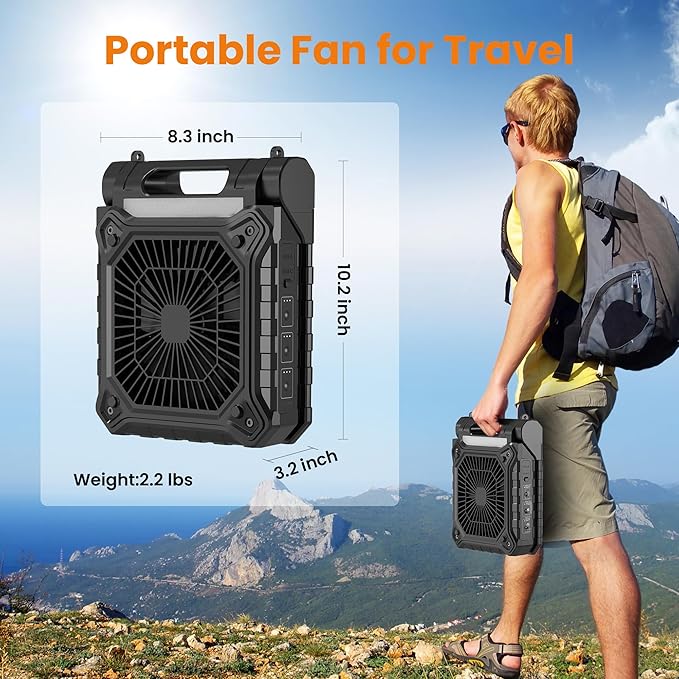 KITWLEMEN 10.2 Inch Solar Camping Fan with Light- Rechargeable Battery Operated Fan, 38H Run Time, 3 Speed, 6H Timer, SOS Signal, Portable Desk Fan for Camping Fishing RV Trips Hurricane Power Outage