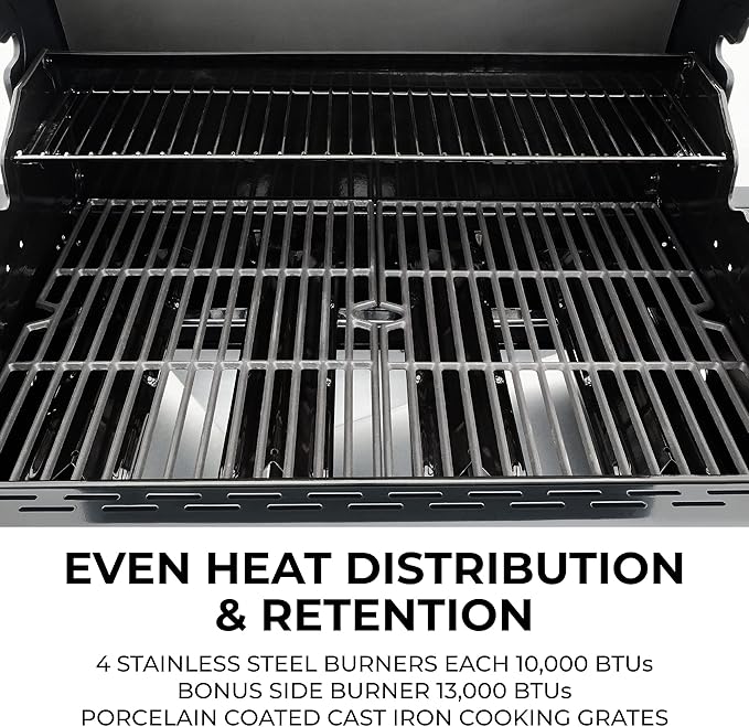 Kenmore 4-Burner Gas Grill with Side Burner, Outdoor BBQ Grill, Propane Gas Grill, Cast Iron Cooking Grates, Electronic Ignition, Warming Rack, Open Cart Design, 53000 BTUs, Stainless Steel