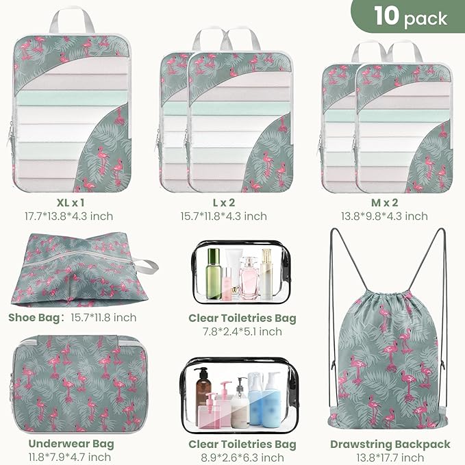 10 Set Compression Packing Cubes, Lightweight Travel Essentials, Stretchable Expandable Storage Bags, Compression Bags for Travel Accessories Luggage Storage Set (Green, 10 set)
