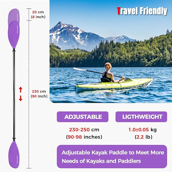 Kayak Paddle Carbon Fiber Shaft and Reinforced Nylon Blade, Adjustable Kayaking Oars, 3 Piece, 230-250 cm/90-98 Inches,210-230 cm/82-90 inches