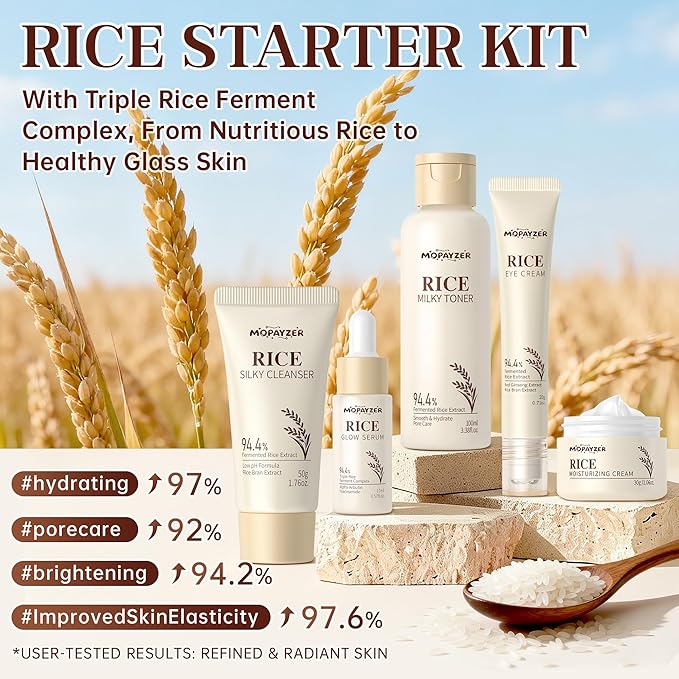 5PCS Rice Skincare Set, Korean Hydrating Skin Care for Girls Teens Women, Rice Cleanser Toner Serum Face Cream Eye Cream, Moisturizing Daily Skincare Routine Kit