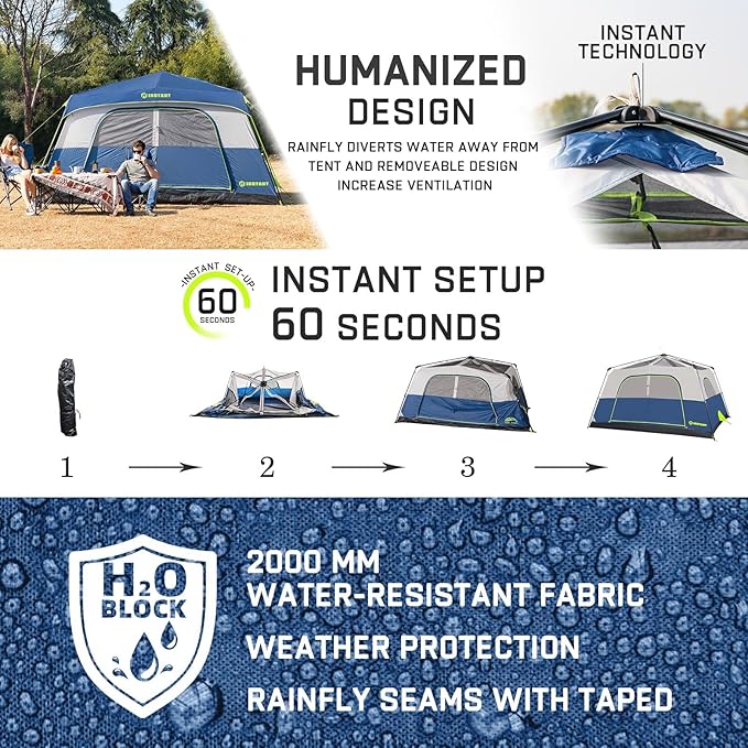 4/6/8 Person Instant Tent, Waterproof Pop Up Tents for Camping with Rainfly, 60 Seconds Easy Setup, Automatic Cabin Tent for Family Camping with Expandable Carry Bag & Upgraded Ventilation