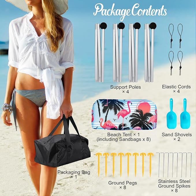 Rhino Valley Beach Tent Shade Canopy UPF50+ Protection, 8 Sandbags, 4 Stability Poles, Outdoor Sun Shelter Umbrella for Sand, Camping, Fishing Essentials