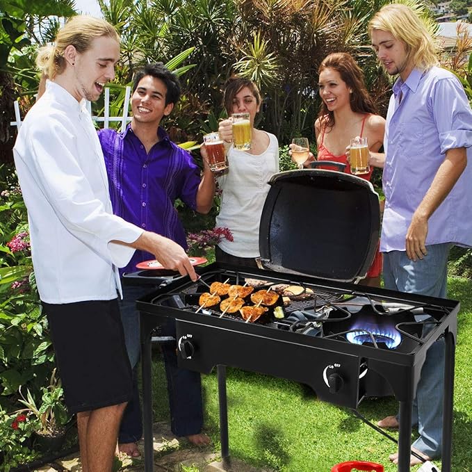 GYMAX Camping Stove, 2 Burner Propane Camp Stove w/Detachable Legs, 150,000-BTU Output, 20 PSI Regulator & CSA Certification, 30’’ Outdoor Stove, High Pressure Propane Burner for BBQ (2 Burner)