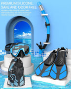 Snorkeling Gear for Adults Men Women,4 in 1 Snorkel Set with Panoramic View Diving Mask Anti-Fog Anti-Leak,Dry Top Snorkel,Fins and Travel Bag for Swimming,Snorkeling and Travel Diving