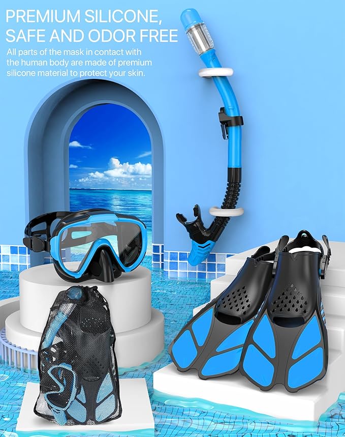 Snorkeling Gear for Adults Men Women,4 in 1 Snorkel Set with Panoramic View Diving Mask Anti-Fog Anti-Leak,Dry Top Snorkel,Fins and Travel Bag for Swimming,Snorkeling and Travel Diving