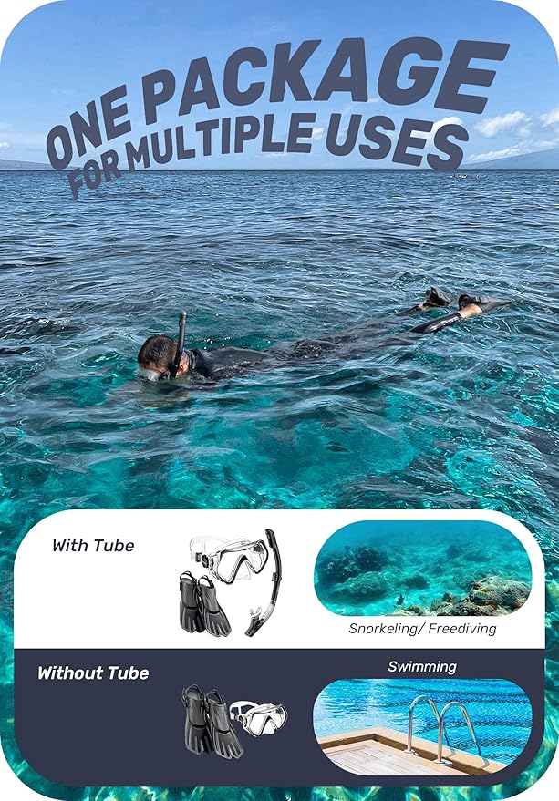 CAPAS Snorkel Mask Fins Set, Travel Size Snorkeling Gear for Adults with Adjustable Fins, Diving Mask and Dry Top Snorkel, Come with a Carrying Bag