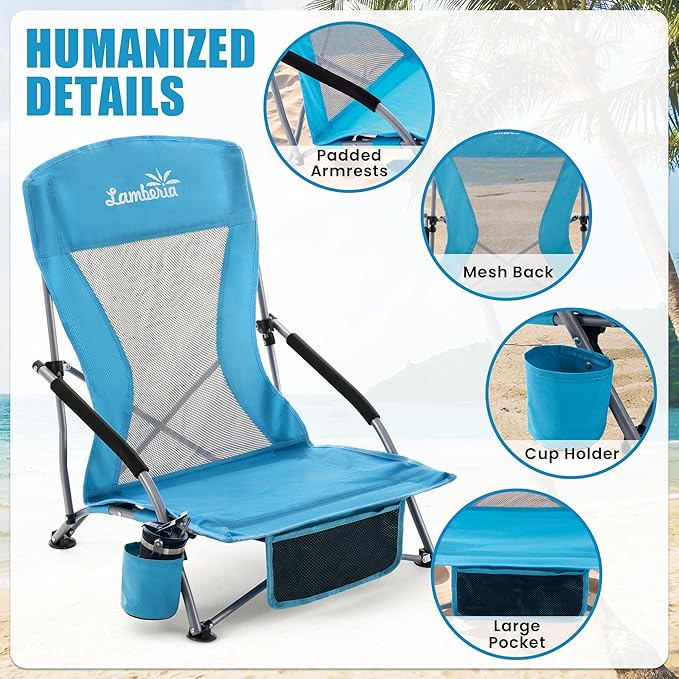 Lamberia Folding Beach Chair for Adults 2 Pack, Portable Low Beach Chairs with 300lbs Capacity, Lightweight Fodable Camping Chair for Travel, Picnic, Concert & Outdoor Activities, Blue
