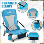 Lamberia Folding Beach Chair for Adults 2 Pack, Portable Low Beach Chairs with 300lbs Capacity, Lightweight Fodable Camping Chair for Travel, Picnic, Concert & Outdoor Activities, Blue