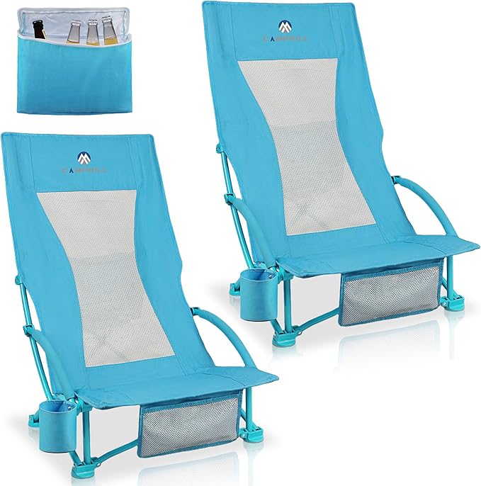 Beach Chairs for Adults 2 Pack,Heavy Duty Folding High Back Camping Chairs w/Cooler Bag,Mesh Back,Cup Holder & Storage Bag,Compact Sling Chair for Lawn,Picnic,Travel,Blue
