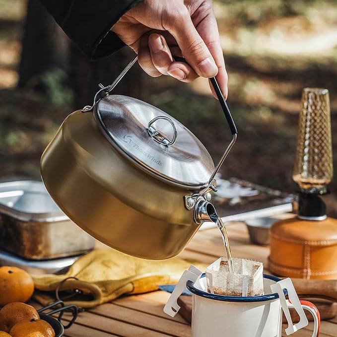 1L Camping Kettle, Portable Camp Tea Coffee Pot, Lightweight Stainless Steel Teapot, Fast Heating Boiling Water, for Outdoor Campfire Hiking Camping Picnic, Khaki