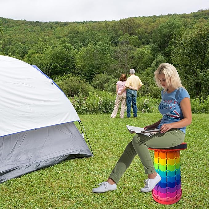Jakuva Rainbow Travel Camping Stool, Retractable Portable Folding Stool,Collapsible Telescoping Stool with Max Load 360lbs for Adults for Indoor Outdoor Hiking Gardening