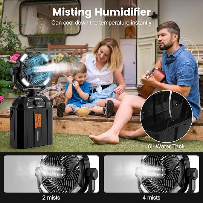 Odoland Portable Camping Fan with LED Light, 30000mAh Rechargeable Battery Operated Oscillating Fan with Remote & Hook, 6L Bucket Misting Fan for Outdoors Patios,Travel,Jobsite, Black