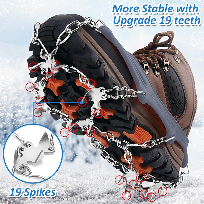 WIN.MAX Crampons for Shoes, Traction Cleats Ice Snow Grips with 19 Stainless Steel Spikes, Shoe Talons Anti - Slip Boots Spikes for Walking, Jogging, Climbing and Hiking