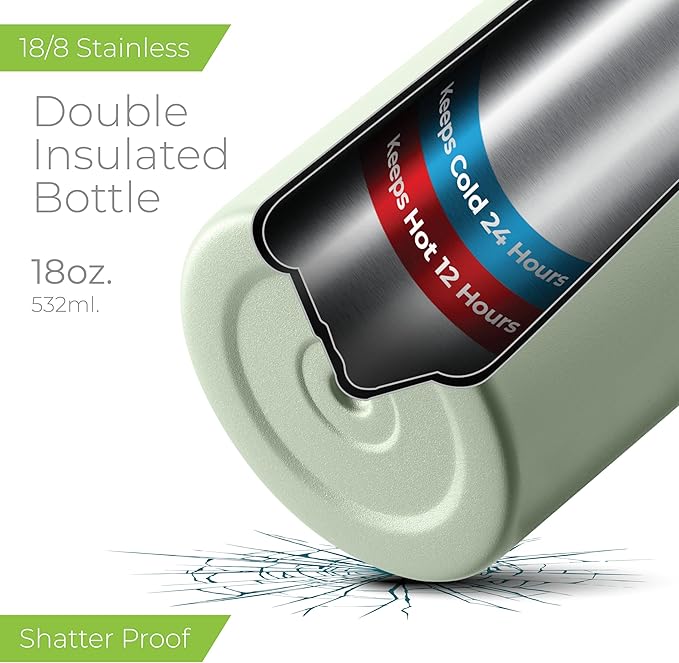 SipX™ Triple-Insulated Stainless Steel Water Bottle 18oz. With 3 Lids, BPA-Free Reusable Insulated Water Bottle Keeps Cold 24 Hours, (Green)