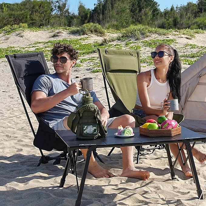 MOON LENCE High Back Folding Camping Chairs, Adjustable Height Beach Chair with Anti-Sinking Feet & Widened Seat (Khaki)