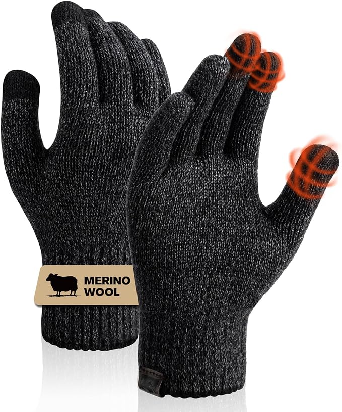 Merino Wool Gloves, Touch Screen Liner Base Layer Warm Gloves with Thermal Soft Knit Lining for Driving Running Hiking L (Black Gray)
