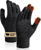 Merino Wool Gloves, Touch Screen Liner Base Layer Warm Gloves with Thermal Soft Knit Lining for Driving Running Hiking L (Black Gray)
