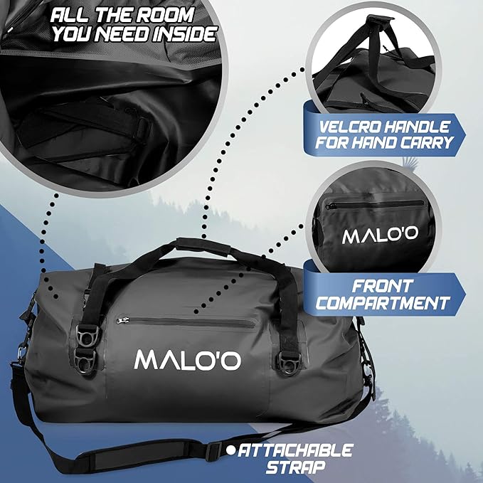 Malo’o Waterproof Dry Duffel, Heavy-Duty Roll Top Waterproof Gear Bag with Shoulder Strap & Molle Loops, Marine Duffel for Kayaking, Boating, Camping, Beach & Travel, Black, 40L