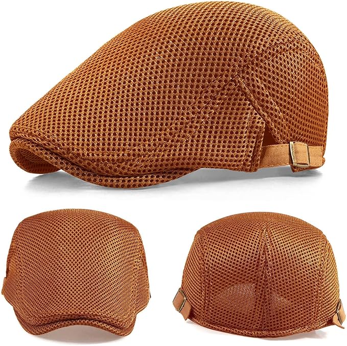 2 Pack Men's Mesh Cap Breathable Summer Newsboy Hat Adjustable Beret Ivy Cap Irish Cabbie Driving Hunting Hats