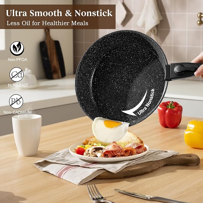 20 Pcs Pots and Pans Set Non Stick, Stackable Cookware Sets with Detachable Handle, Granite Induction RV Kitchen Portable Cooking Set Removable Handles, Dishwasher ＆ Oven Safe, Black