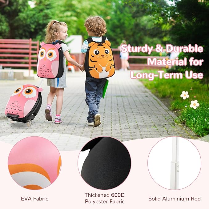 HONEY JOY Kids Luggage, 12” Children Hardshell Backpack & 16” Toddler Travel Rolling Suitcase, 2 Pcs Lightweight Carry On Luggage Set, Kids Luggage with Wheels for Girls & Boys(Pink Owl)