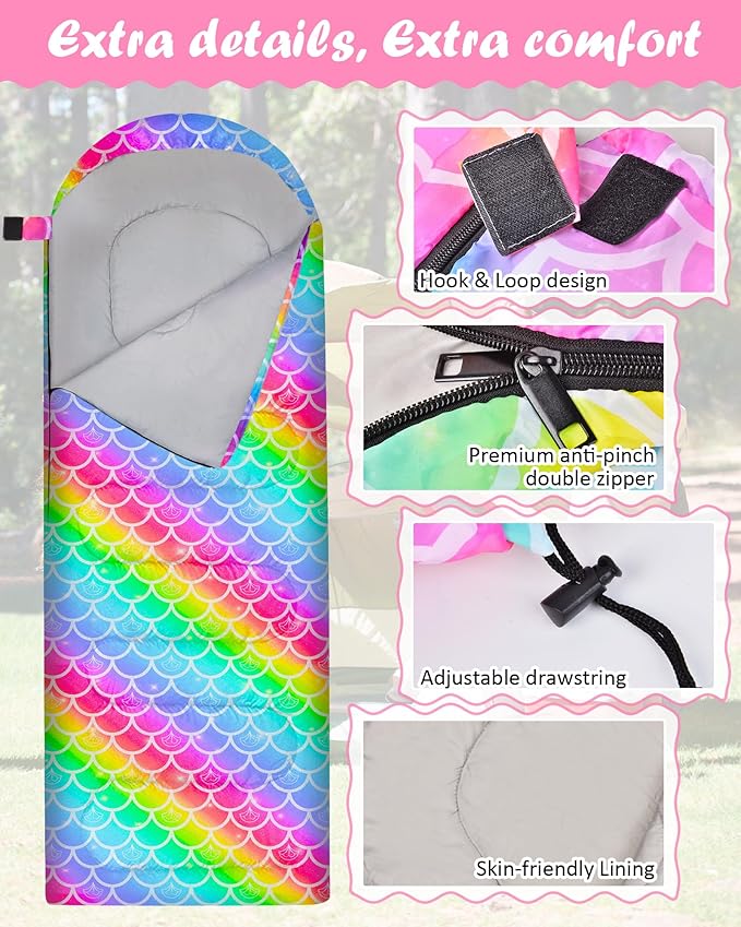Kids Sleeping Bag for Kids Girls, 3 Season Warm Cool Weather Waterproof Lightweight Camping Sleeping Bag with Carry Bag for Indoor Outdoor Camping Hiking Traveling
