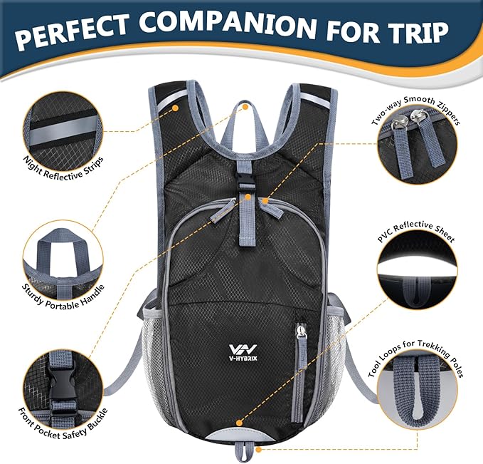 15L Hiking Backpack - Small Lightweight Packable Daypack Travel Outdoor Foldable Shoulder Bag Camping Hiking Backpack for Women Men - Black