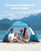 OutdoorMaster Beach Tent for 3/4 Person - Easy Setup Sun Shade Shelter, Portable Beach Shade Sun Canopy with UPF 50+ UV Protection, Removable Skylight Family Size