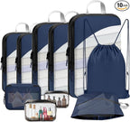 10 Set Compression Packing Cubes, Lightweight Travel Essentials, Stretchable Expandable Storage Bags, Compression Bags for Travel Accessories Luggage Storage Set (10 Pcs, Navy Blue)