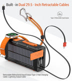 Solar Power Bank Dual Magnetic Wireless Charging, Built-in 2 Retractable Cables & Hand Crank and 22.5W Fast Charge, SOS/Strobe/Strong Flashlights