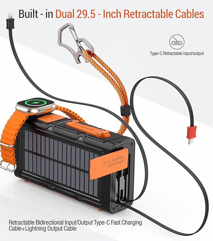 Solar Power Bank Dual Magnetic Wireless Charging, Built-in 2 Retractable Cables & Hand Crank and 22.5W Fast Charge, SOS/Strobe/Strong Flashlights