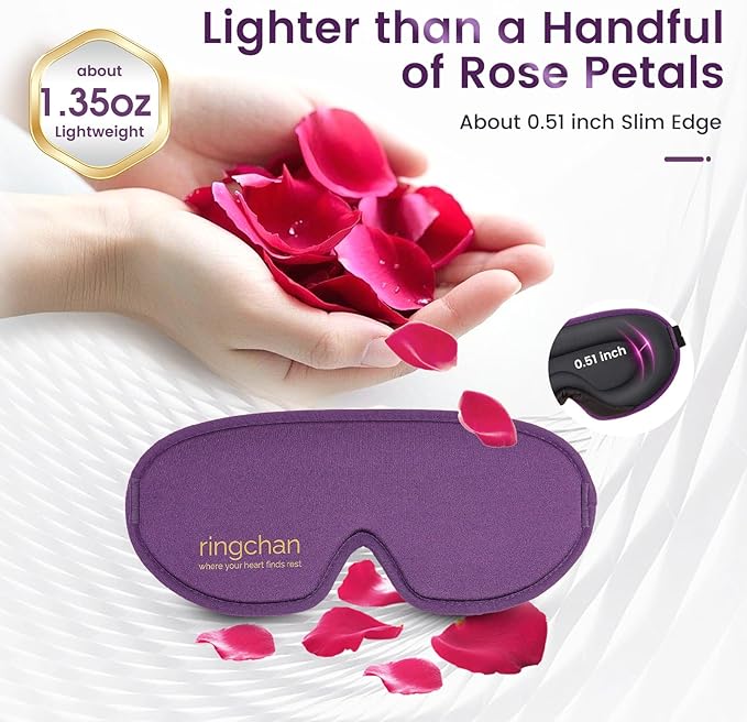 ringchan Full Blackout Sleep Mask for Meditation & Yoga – Soft, Skin-Friendly & Zero-Pressure on Eyelids – Ideal for Sleep, Travel & Relaxation – Deep Lavender Purple