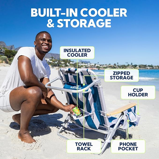 SUN NINJA Beach Chair – Folding Chair for Beach with 5 Reclining Positions, Cup & Phone Holder, Insulated Back Storage Pouch, Portable Lightweight Aluminum Frame - Flamingo 2pc