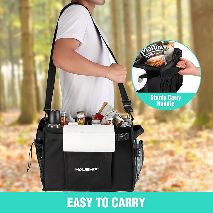 HAUSHOF Large Grill and Picnic Caddy with Paper Towel Holder, Condiment Pocket, Foldable BBQ Organizer Easy Carry Griddle Caddy for Camping, RV, Outdoor Waterproof Oxford Cloth (Black)