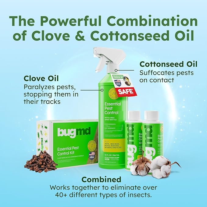 BugMD Ant Killer & Bug Spray - Roach and Cockroach Killer Indoor, Spider Spray for Home, Fly and Insect Defense, Natural, Safe with Essential Oils, Plant-Powered, Pest Control - Starter Kit