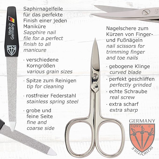 3 Swords Germany – brand quality 10 piece manicure pedicure grooming kit set for nail care tweezers file clipper, Made by 3 Swords (BLACK - GENUINE LEATHER)