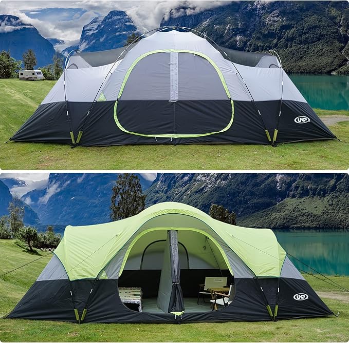 UNP Camping Tent 10-Person-Family Tents, Parties, Music Festival Tent, Big, Easy Up, 5 Large Mesh Windows, Double Layer, 2 Room, Waterproof, Weather Resistant, 18ft x 9ft x78in